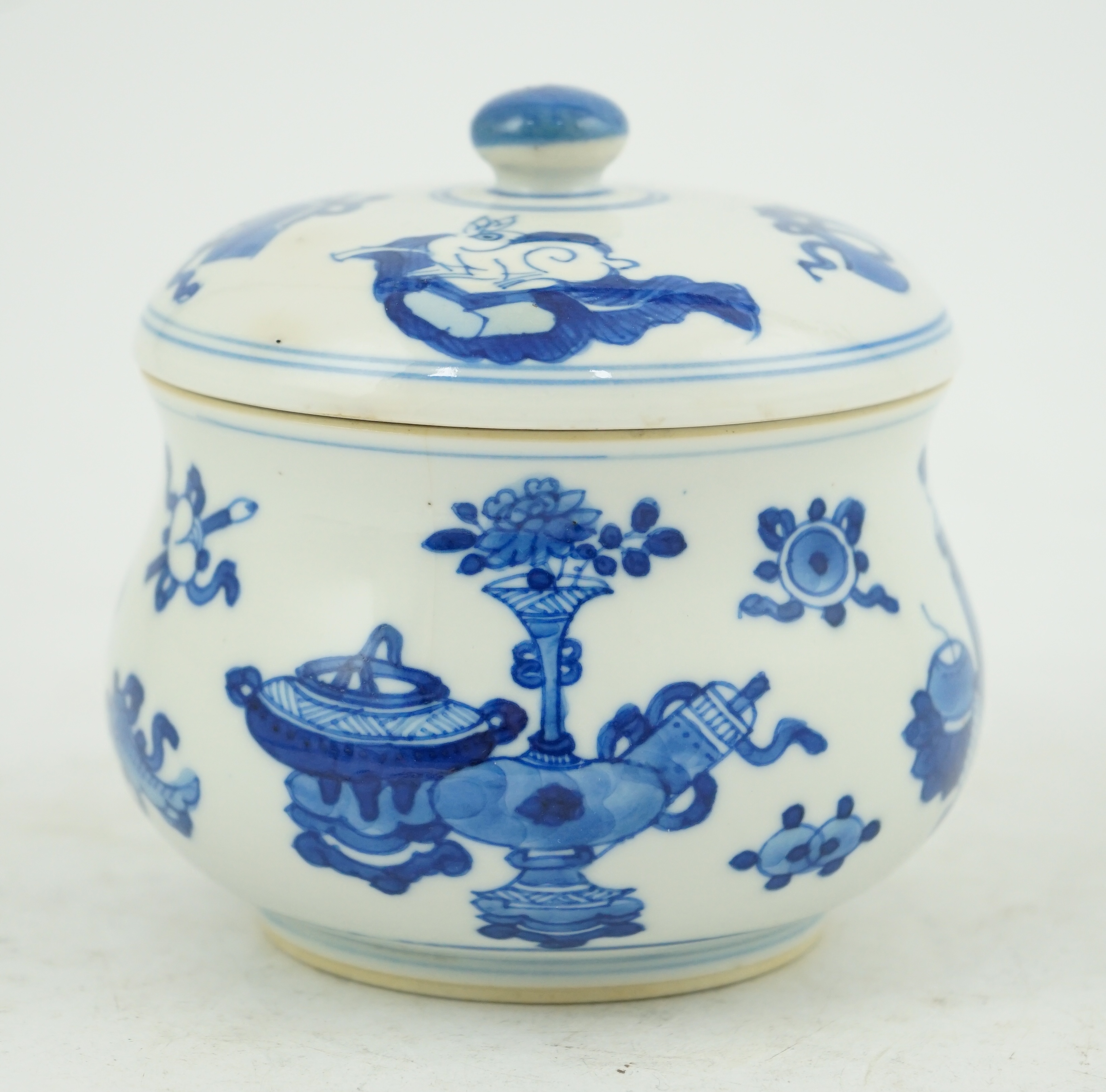 A Chinese blue and white ‘precious objects’ censer and cover, Kangxi period (1662-1722)